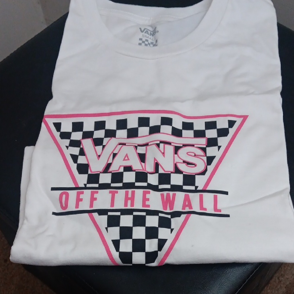 Vans White Tee with Pink and Black Checkered Design